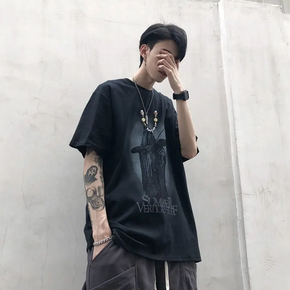 

Летняя темная Европейская и американская футболка с короткими рукавами, брендовая футболка большого размера с короткими рукавами, хлопков...