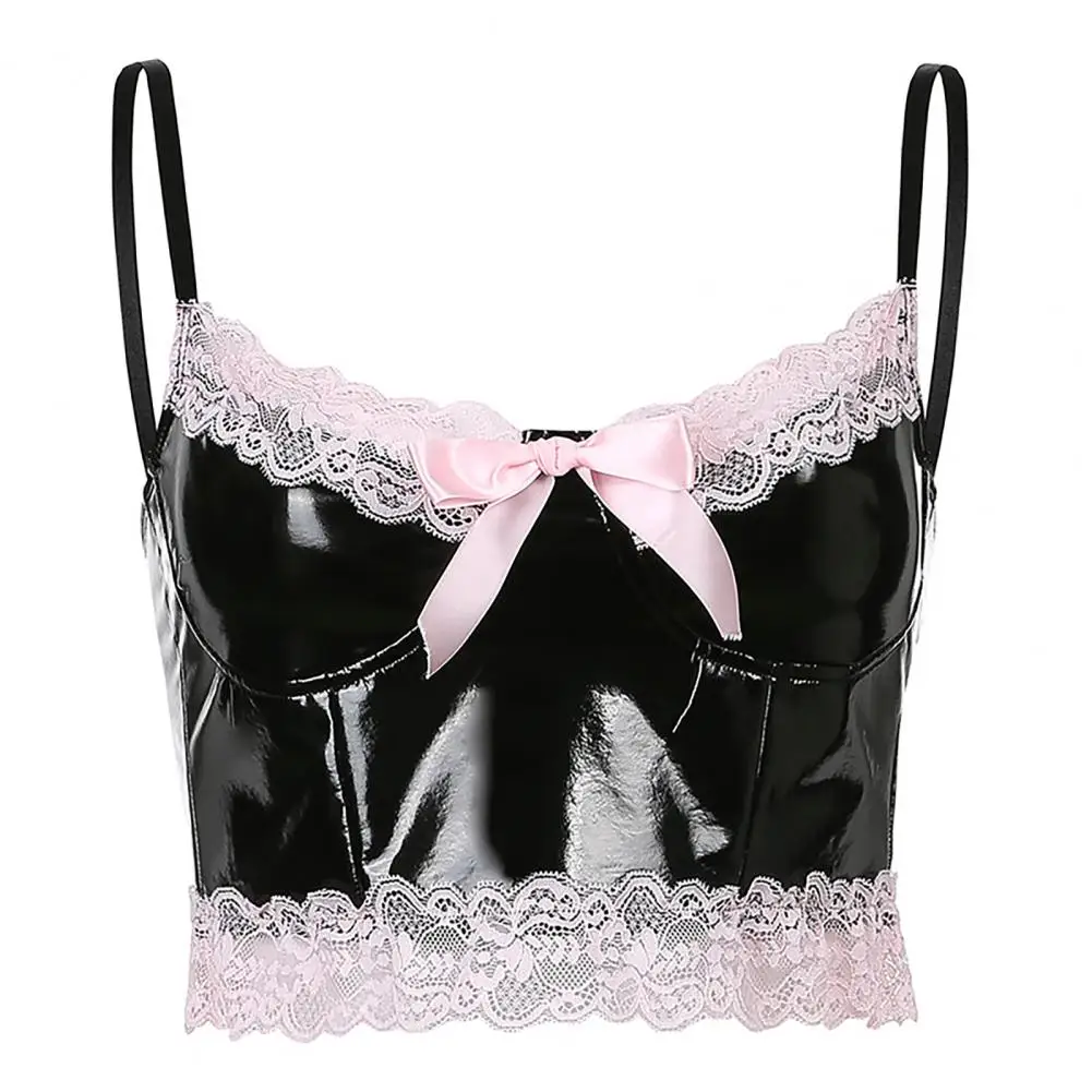 

Sexy Women Sleeveless Floral Bow Camisole Lace Trim Faux Leather Crop Top Vest