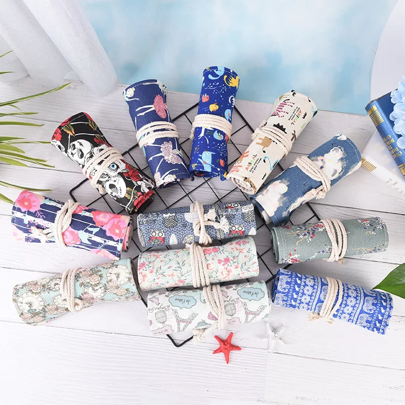 

12 Styles 36 Hole Cartoon Canvas Pencil Case Big Wrap Roll Up Pencil Case School Stationary Pen Brush Bag