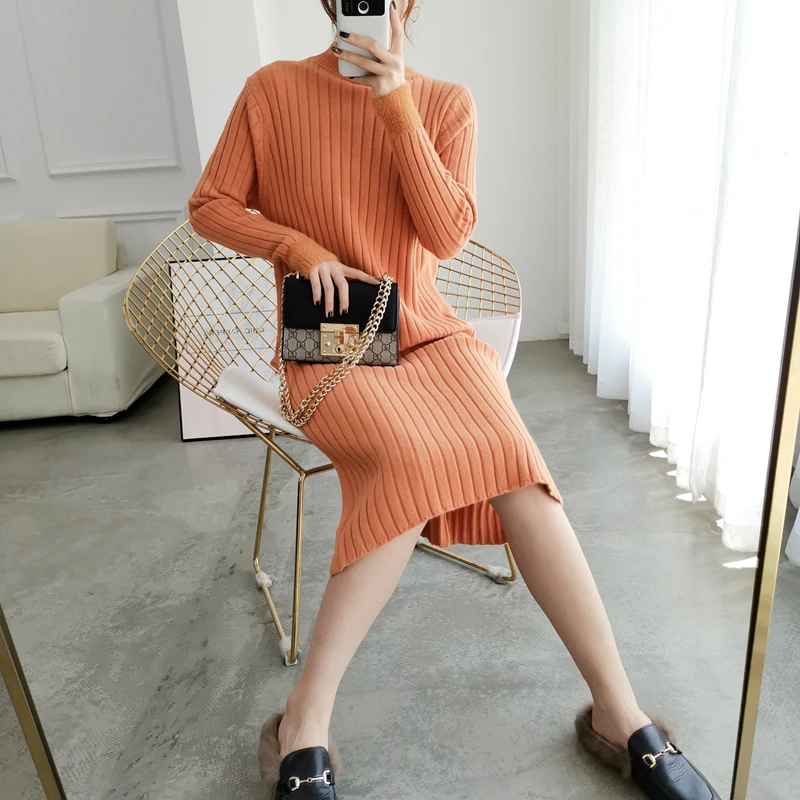 Однотонное платье с круглым вырезом и длинным рукавом Vestido, милое зимнее вязаное платье, Осеннее женское элегантное платье, новинка, модные тонкие мягкие платья