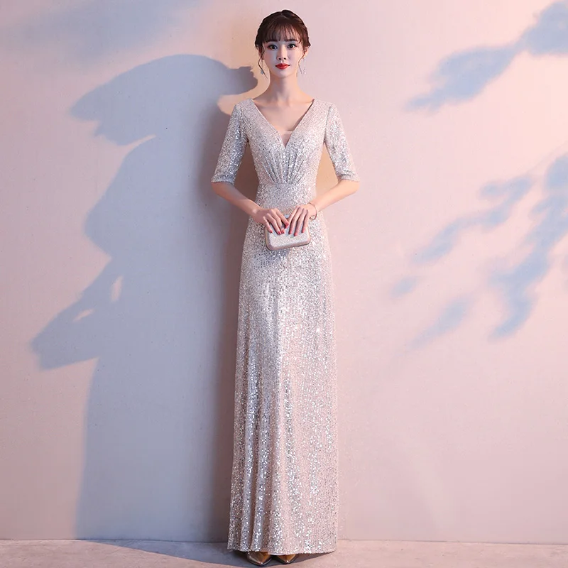 Благородная леди шампанское Qipao сексуальное вечернее платье Элегантный Bling тонкий китайский платье с v-образным вырезом Vestidos De Festa изысканный Cheongsam