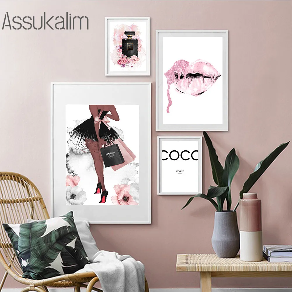 Плакат с духами на высоком каблуке холст рисунком губ плакаты макияж