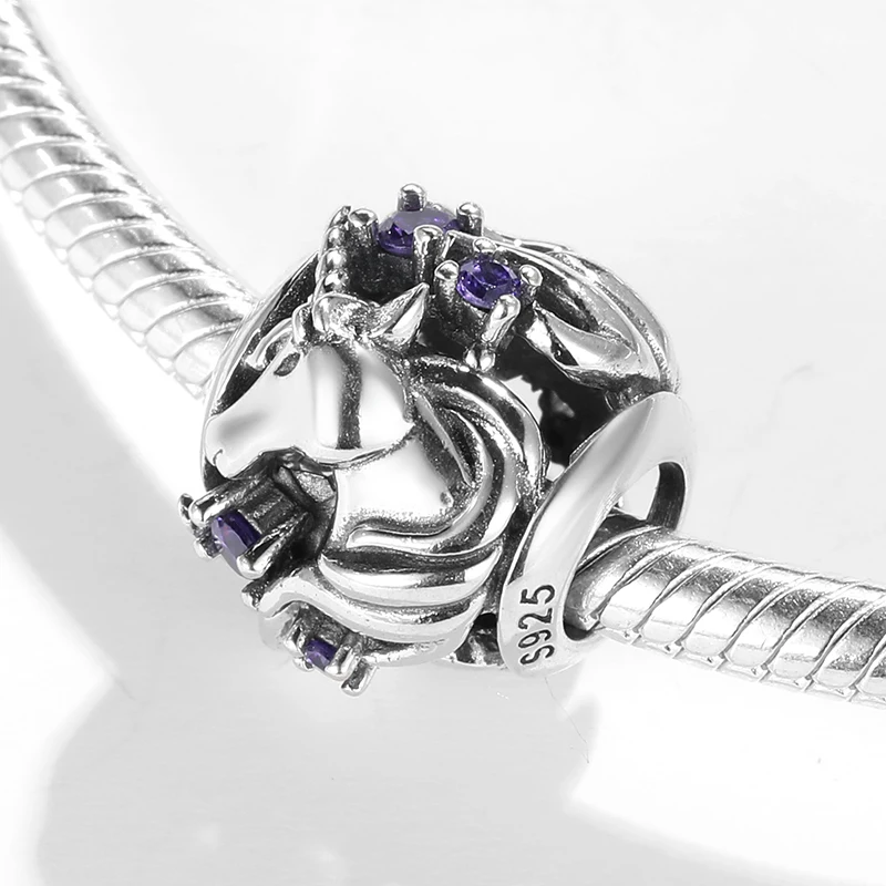 Настоящее 925 пробы серебро смелая мудрость Единорог бусины амулеты фиолетовый