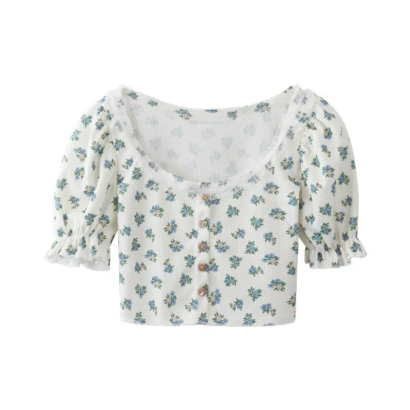 

French garden lace edge summer top short open navel design bubble sleeve floral retro short sleeve T-shirt girl