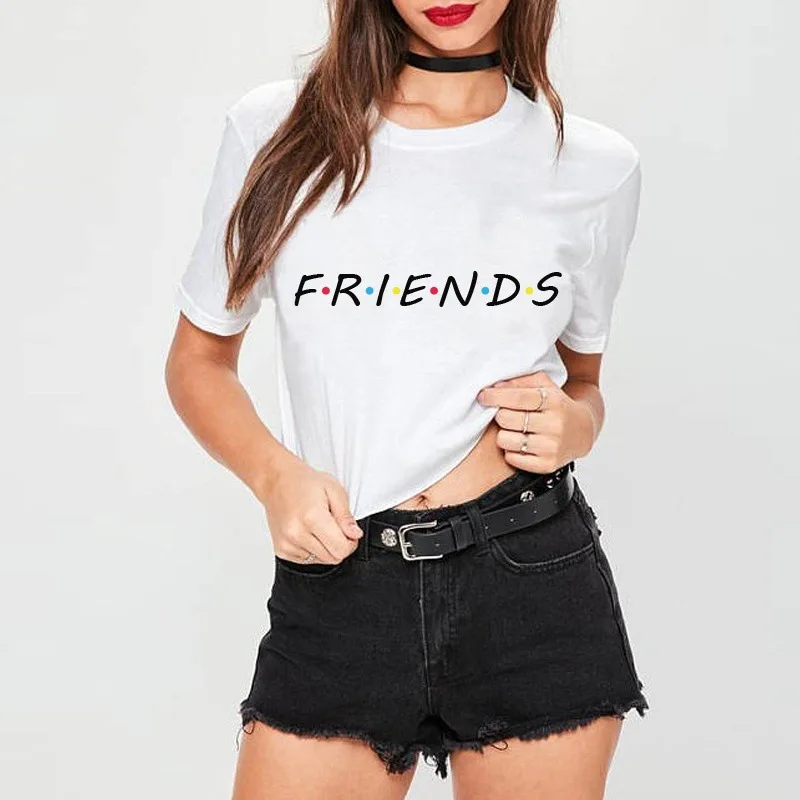 Футболка женская с надписью FRIENDS свободная рубашка коротким рукавом и круглым