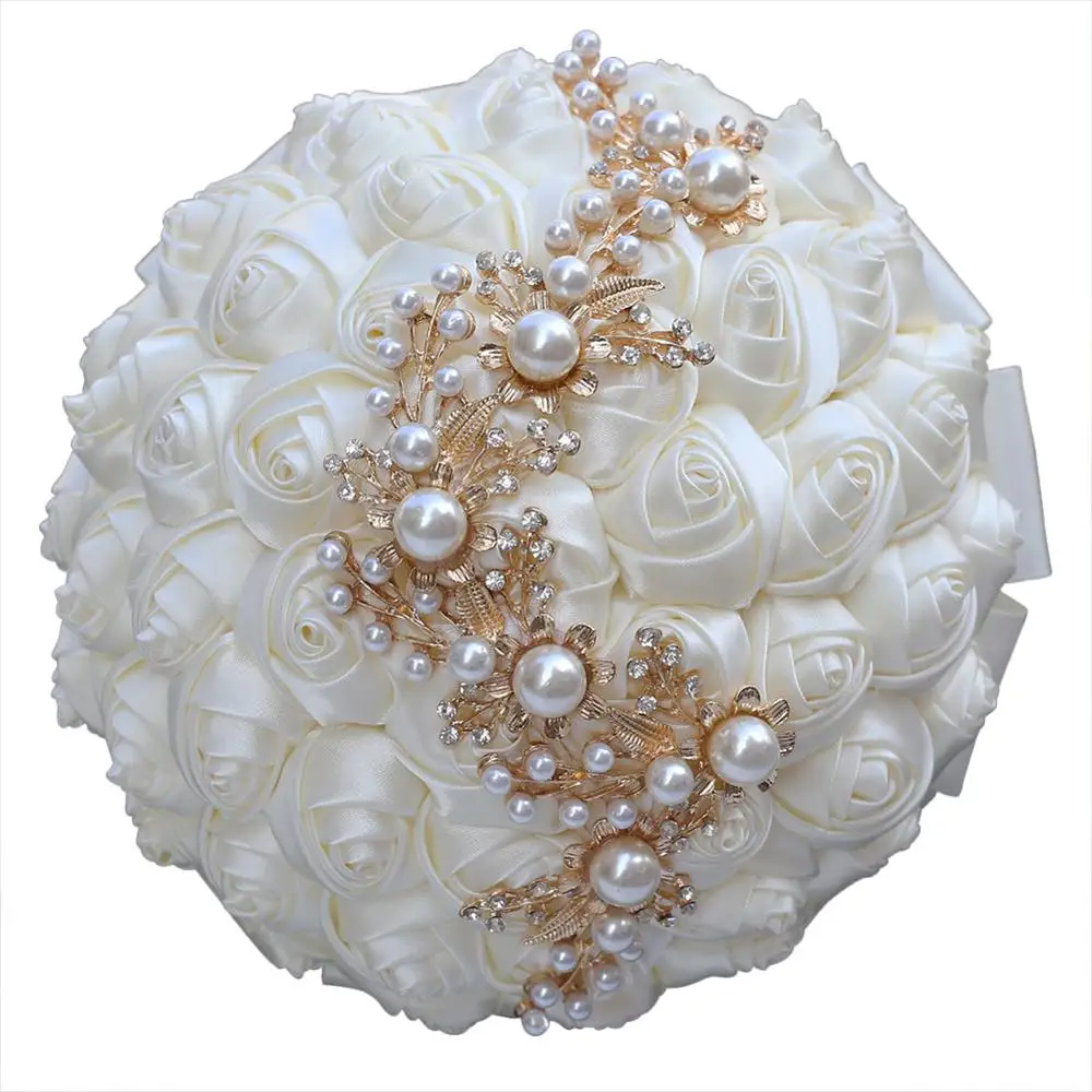 WifeLai-A Wedding Bouquets With Pearl Beaded Romantic Ivory Ribbon Rose Bride's Bouquet Bridesmaid Flower De Noiva W706 | Свадьбы и