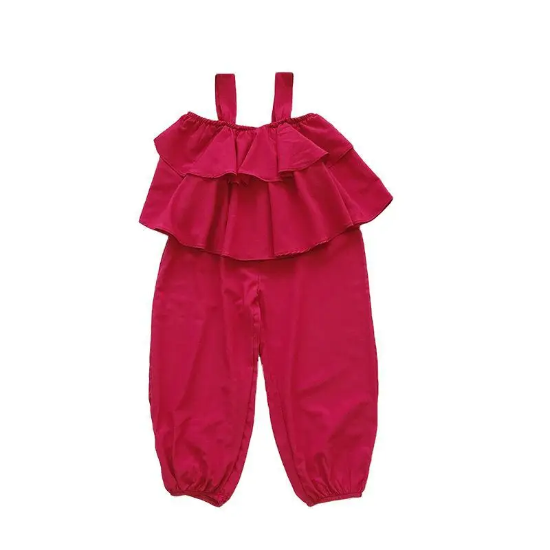 

2020 Summer New Style Baby Girl Suit Korean Suspender and Lantern Pants 2 Piece Set Kids Girls Thin Red Color Clothing Set