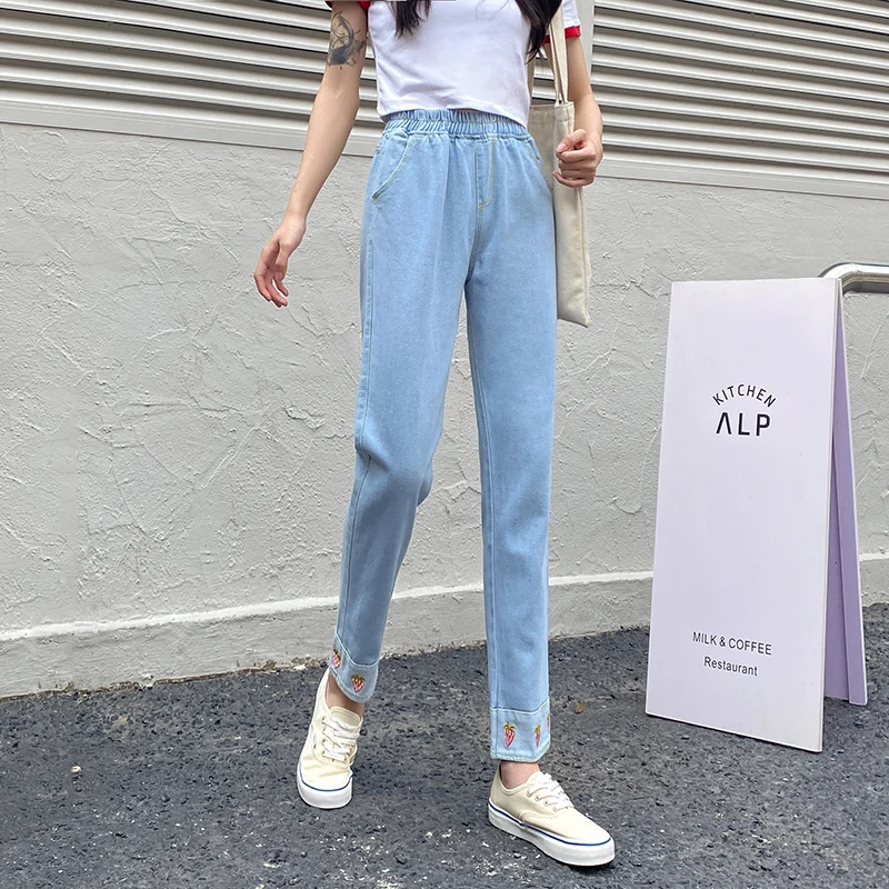 

Вышитые шикарные джинсы, женские свободные укороченные брюки, модель 2021 года, уличные Стильные прямые брюки BF tide с завышенной талией