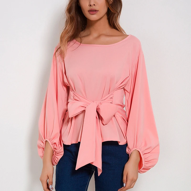 

Шифоновая Блузка, Женская Повседневная Блузка с бантом на поясе, с рукавами-фонариками, с круглым вырезом, осень 2020