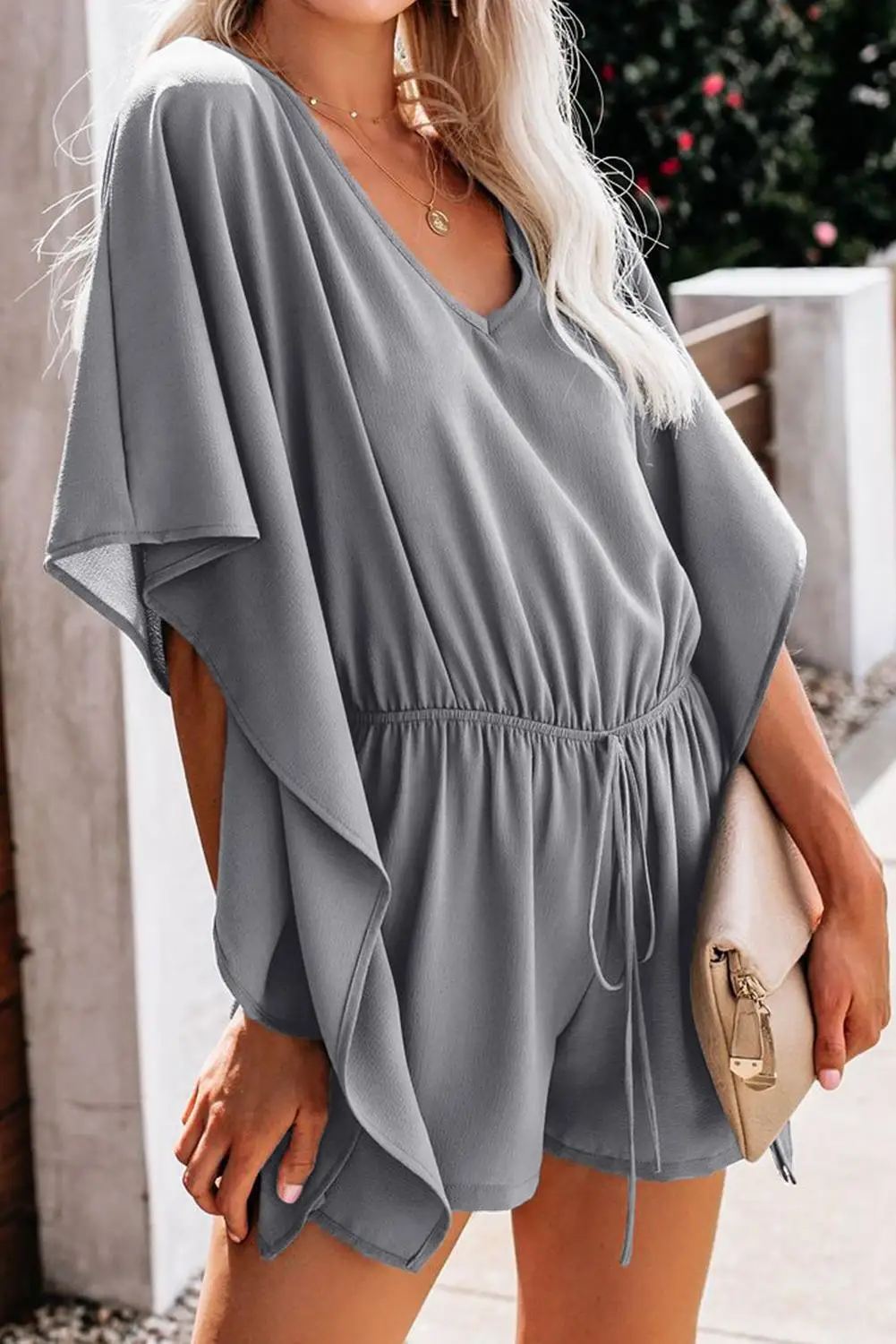 

2021 summer European and American V-neck high-waisted wide loose casual solid color one-piece shorts women