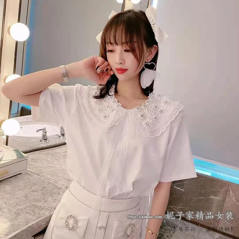 

2021 Summer New Beads Hollow Lace Lace-up Doll Collar Women Top Loose Pullover Short Sleeve T-shirt Fashion Elegant Sweet Tee