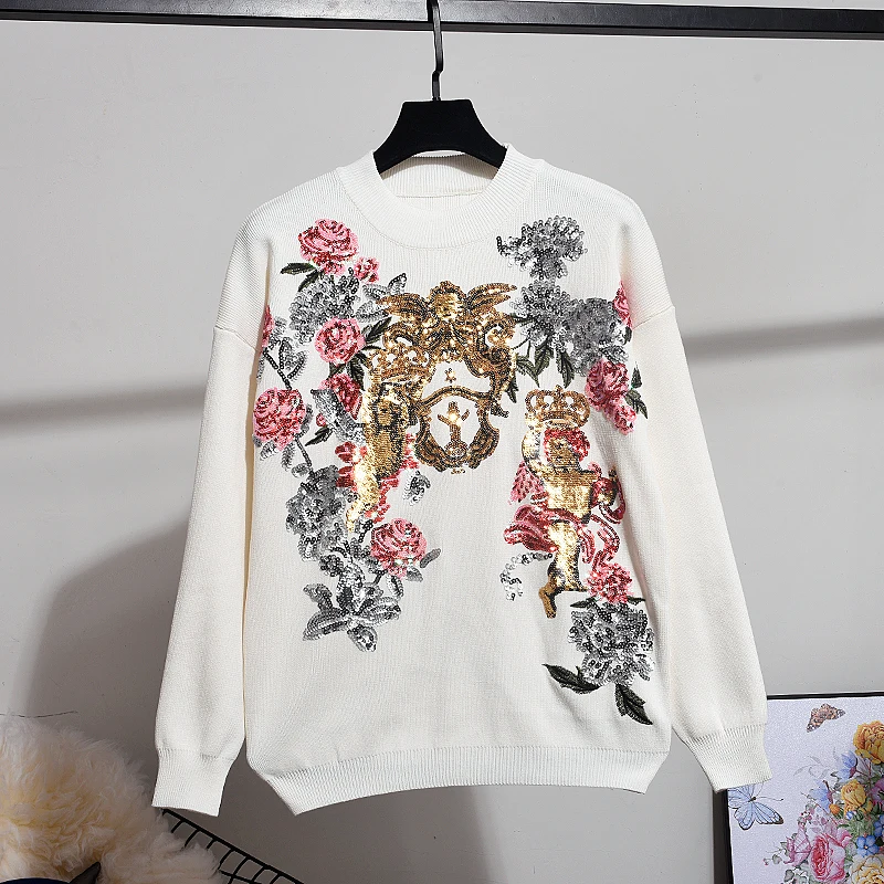New Autumn Winter Tops Women Korean Fashion Sequin Embroidery Flower Loose Knitted Sweater + Harem Pants Two Piece Set Ladies