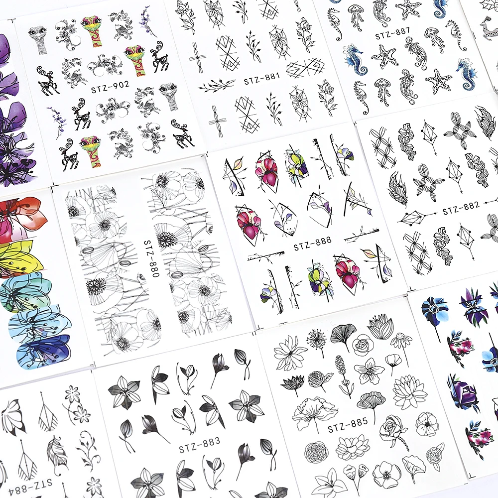 

Black Border Watercolor Flowers and Animals Nail Design Stickers Water Transfer Decals Manicure Nail Art Decoration Ongles 14Pcs
