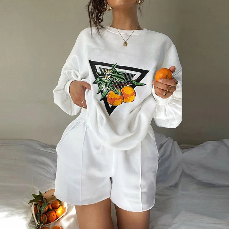 

Женский комплект с принтом Толстовка с длинным рукавом шорты осень 2021 базовый универсальный свободный спортивный костюм с круглым вырезом ...