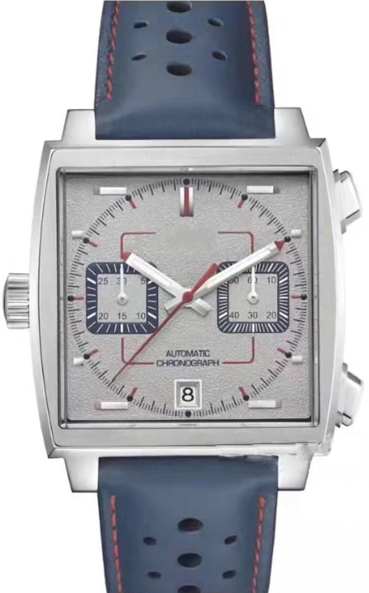 

2020 New Men Silver Red Black Leather Stainless Steel Chronograph Blue Gulf Racing Sapphire Special Edition Watch