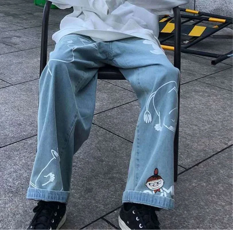 

Модная одежда 2021 Y2K, джинсы с мультяшным принтом, женские повседневные свободные джинсовые брюки, женские синие прямые джинсовые брюки