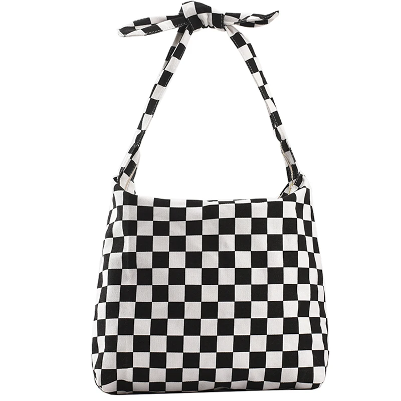 

NEW Niche Design Simple Large-capacity Female Bag Wild 2021 Canvas Bag Underarm Bag Lattice Bucket Bag Shoulder Bag Width: 36cm