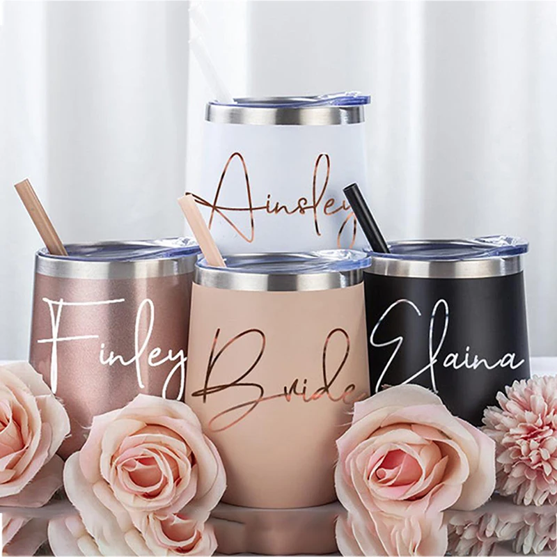 

Personalized Wine Tumbler With Straw Bridesmaid Gifts Custom Cup Insulated 12 oz Tumbler Bachelorette Party Favors