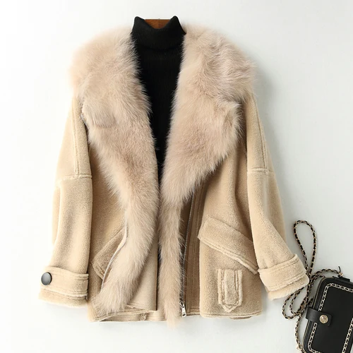 Creamy-white Real Fur Coat Fox Fur Collar Wool Jacket Autumn Winter Coat Women Clothes Korean Vintage Sheep Shearling Women Tops ZT3495 - Цвет: Creamy-white