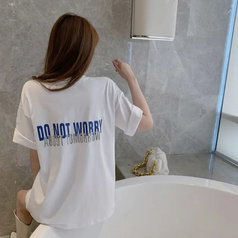 

Rabbit hot drill short sleeve T-shirt women's mid length 2021 spring and summer new loose and versatile personalized printed top