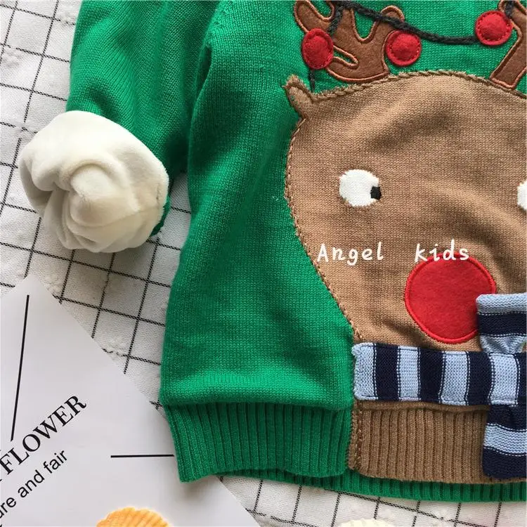 Tonytaobaby/зимняя одежда; Новинка; детская одежда для мальчиков и девочек; милый плотный свитер с зеленым оленем; Рождественская одежда для малышей