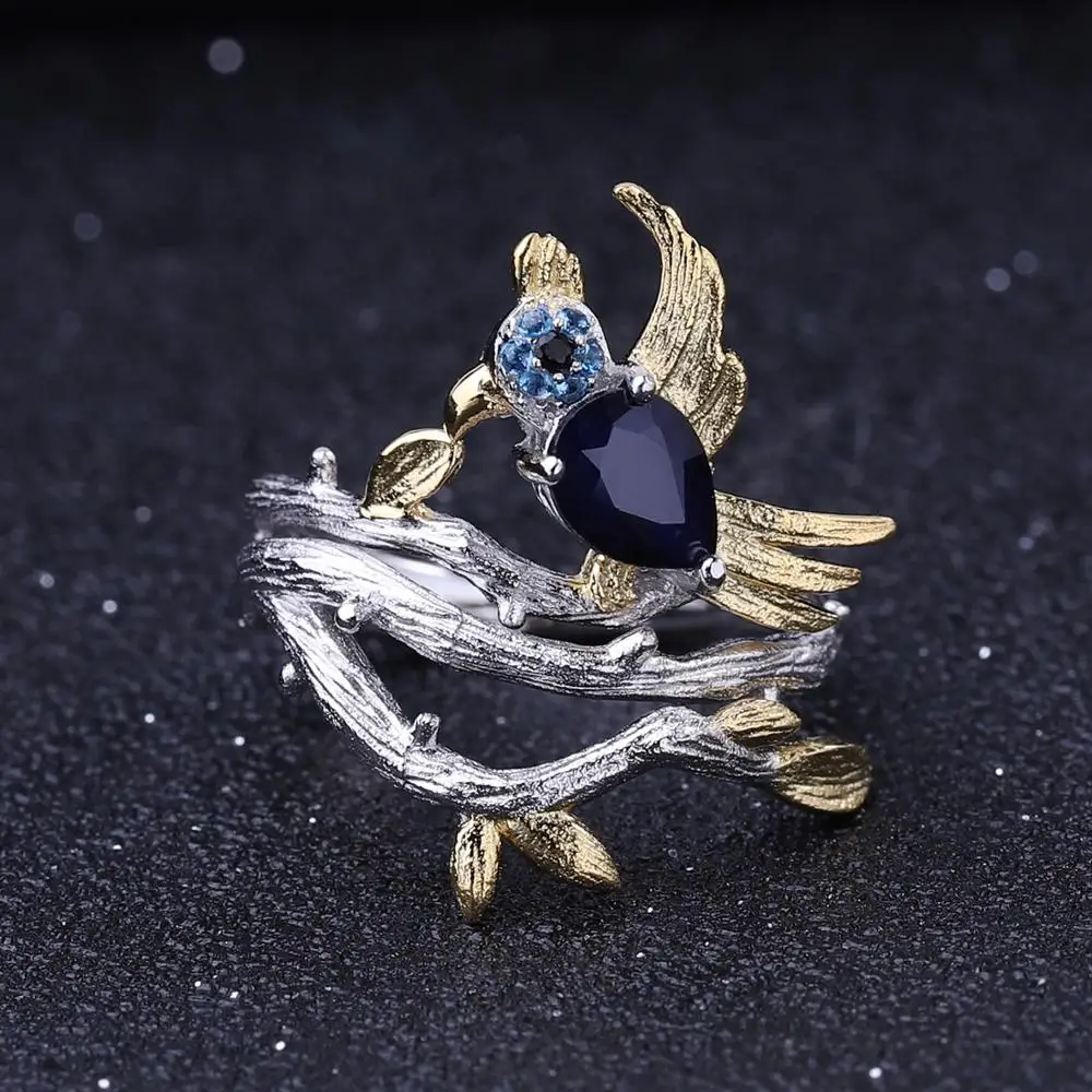 GEM'S балетное 925 пробы серебро 0.65Ct натуральный Винтаж Синий сапфир кольцо ручной работы птица на кольцо «ветка» Для женщин хорошее ювелирное изделие