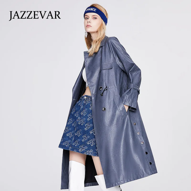 JAZZEVAR Women's Leather Jacket Autumn/winter 2021 New Double-breasted Over-the-knee Long Coat Loose Windbreaker