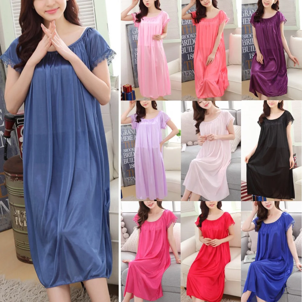 

Ladies Short-sleeve Ice Silk Nightdress Free Size Satin Summer Loose Plus