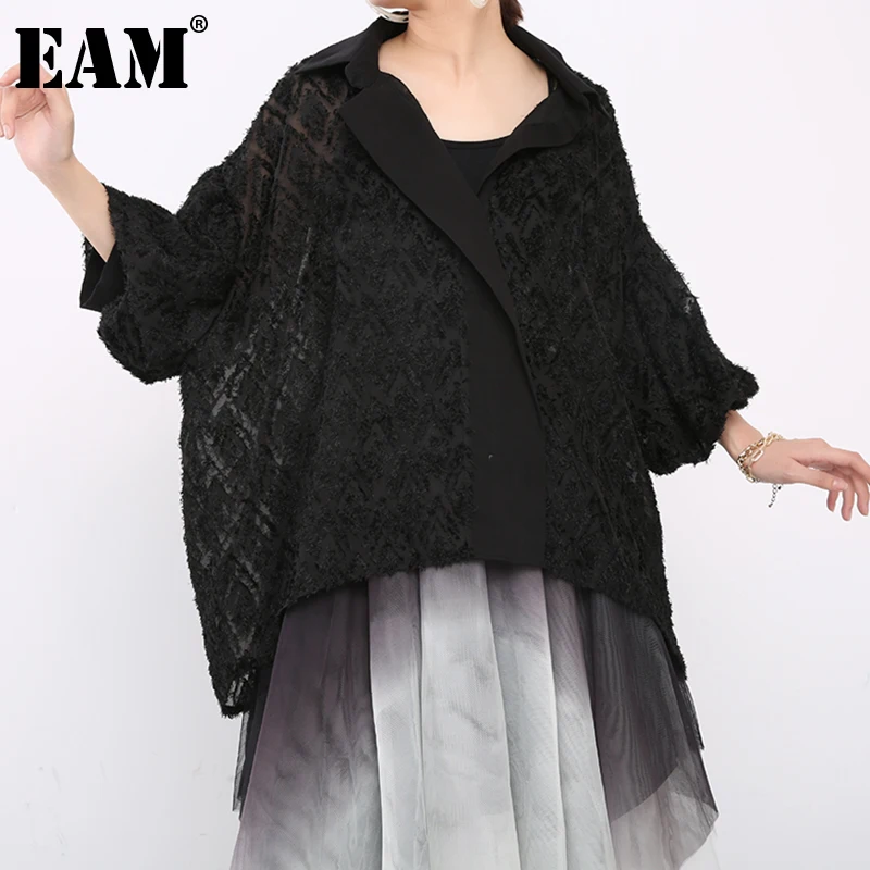 

[EAM] Женская черная блузка большого размера, новая свободная рубашка с рукавом три четверти, модная весенне-осенняя 2022 1DD561801