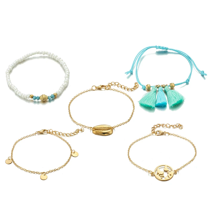 Docona Boho Shell Tassel карта белый beadds ножной браслет набор для женщин металлический геометрический многослойный ножной браслет; Комплект бижутерии 8601 - Окраска металла: gold