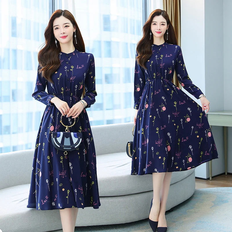 

Blue Midi Chiffon Floral Women Dress Autumn Spring Runway 2021 Y2k Korean Fairy Long Sleeve Vintage Elegant Boho Party Dresses