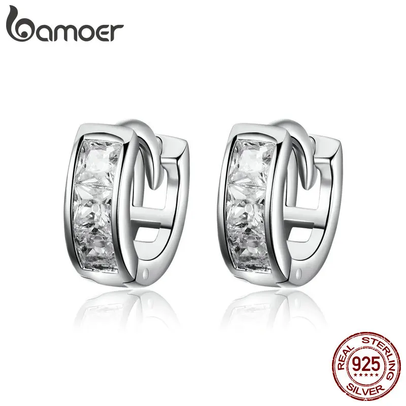 BAMOER, настоящее 925 пробы, серебряные ослепительные кубические циркониевые геометрические маленькие серьги-гвоздики для женщин, ювелирные изделия из стерлингового серебра SCE515