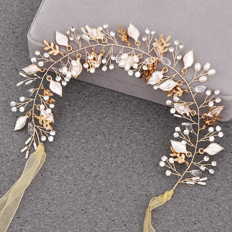Повязка на голову женская легкая Золотая свадебная тиара с жемчугом аксессуар