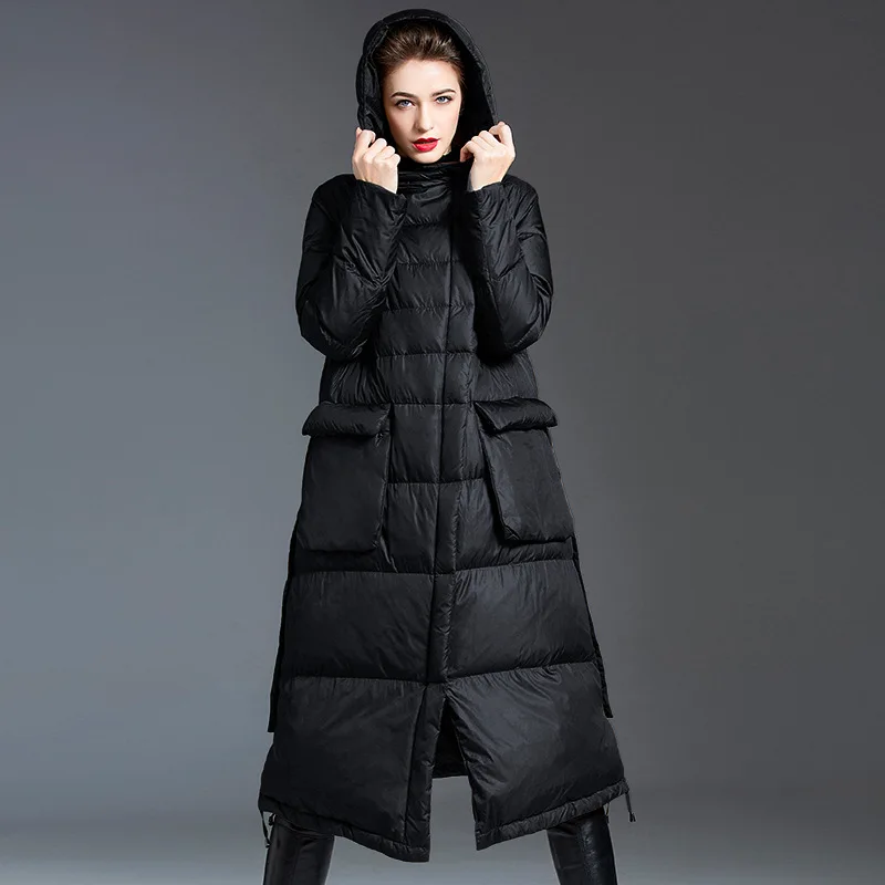 and 2021 New Winter Autumn Solid Warm Leisure Thick Loose Hooded Long Jacket Women Wide-waisted Zipper 90% White Duck Down