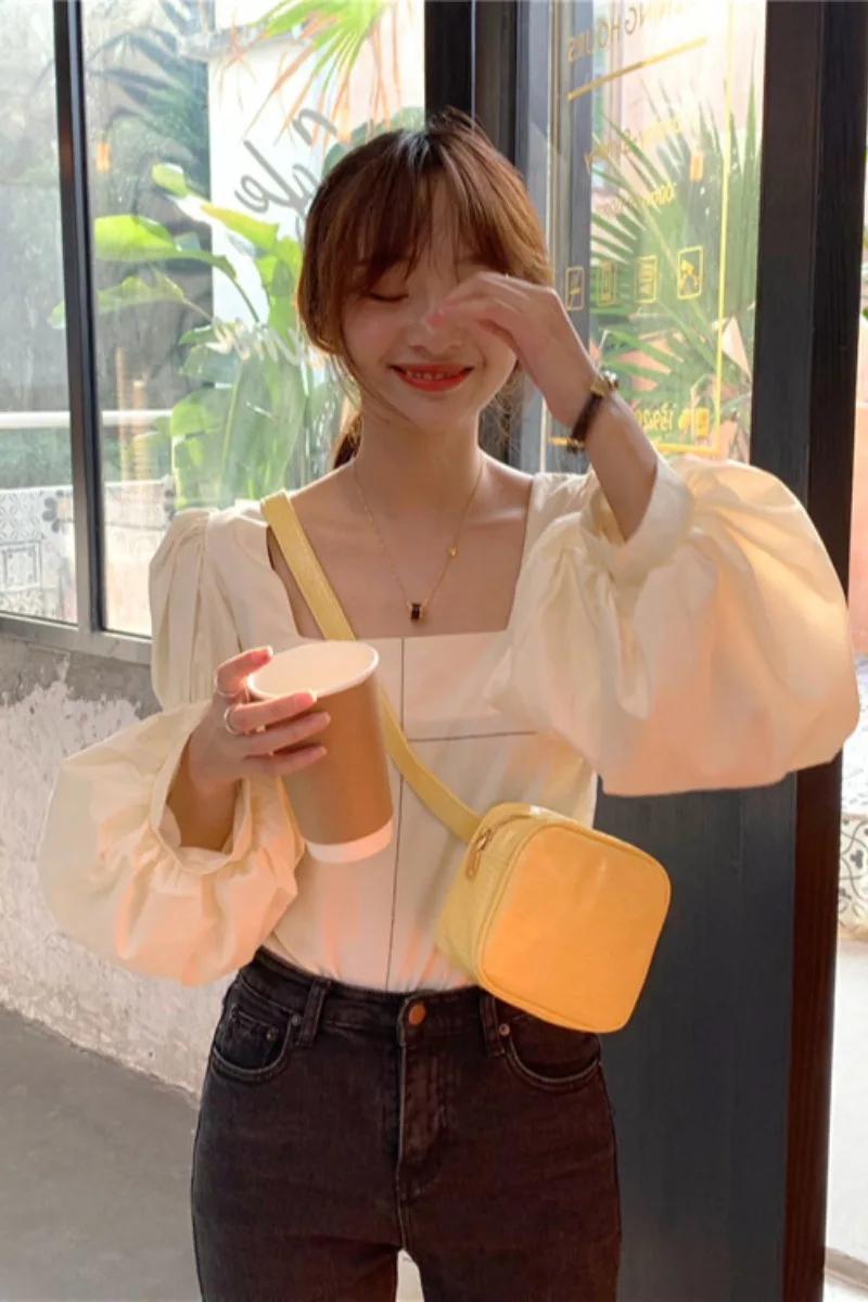 

Autumn Back lace-up Halter Women tops Square collar White shirt Slim Puff sleeve Pleated blouse blusa