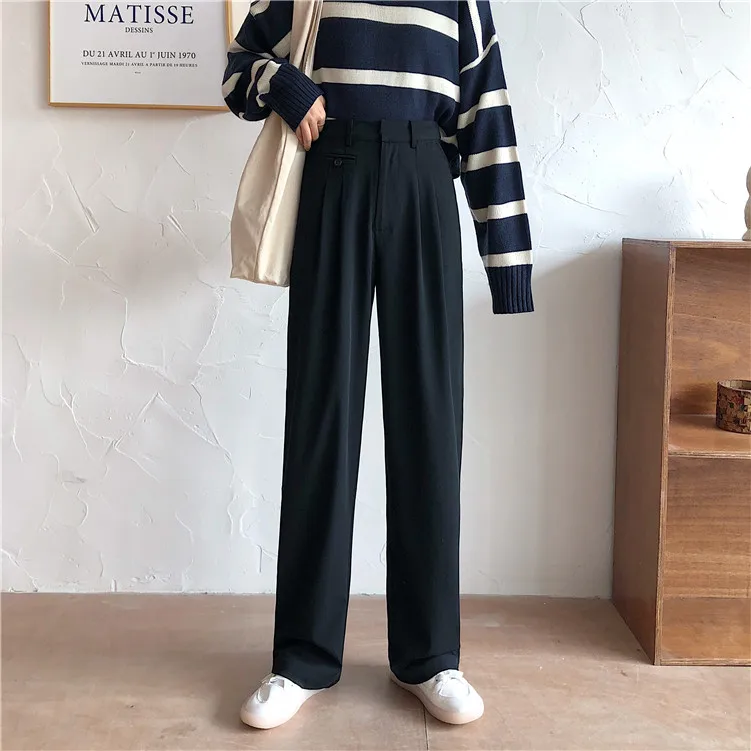 

2021 Woman High Waist Retro Black Pleated Long Trousers Straight Overalls Long Loose Wide Leg Pants for Women