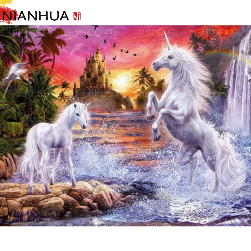 Алмазная живопись 5D Единорог Белая лошадь озеро Принцесса замок мозаика набор