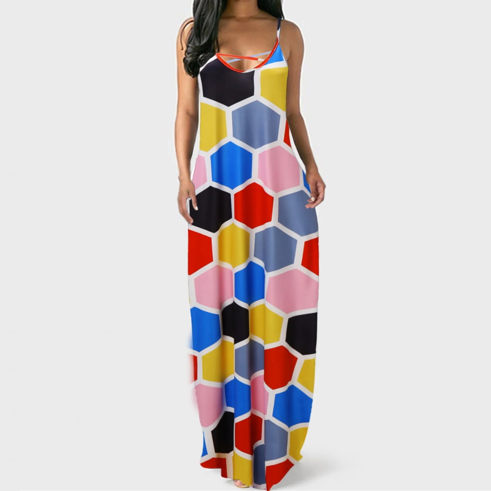 

JAYCOSIN Women Dress Bohemian Printing Short Sleeveless Maxi Dress Casual Fashion Sundress Beach Loose Long Dress Vestidos