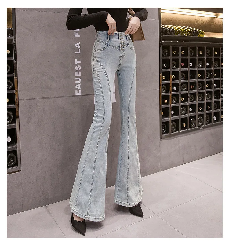 

Spring And Autumn New High Waist Multi Breasted Women's Jeans Flared Trousers Elastic Tight And Thin Flared Women's Pants.