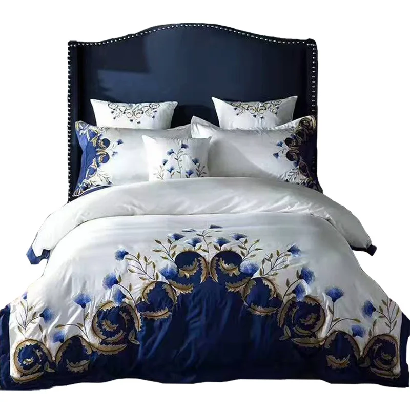 

Luxury Egyptian Cotton US King Queen Size Bedding Set White Blue Embroidery 4pcs Bed Set Duvet Cover Bed Sheet Pillowcase