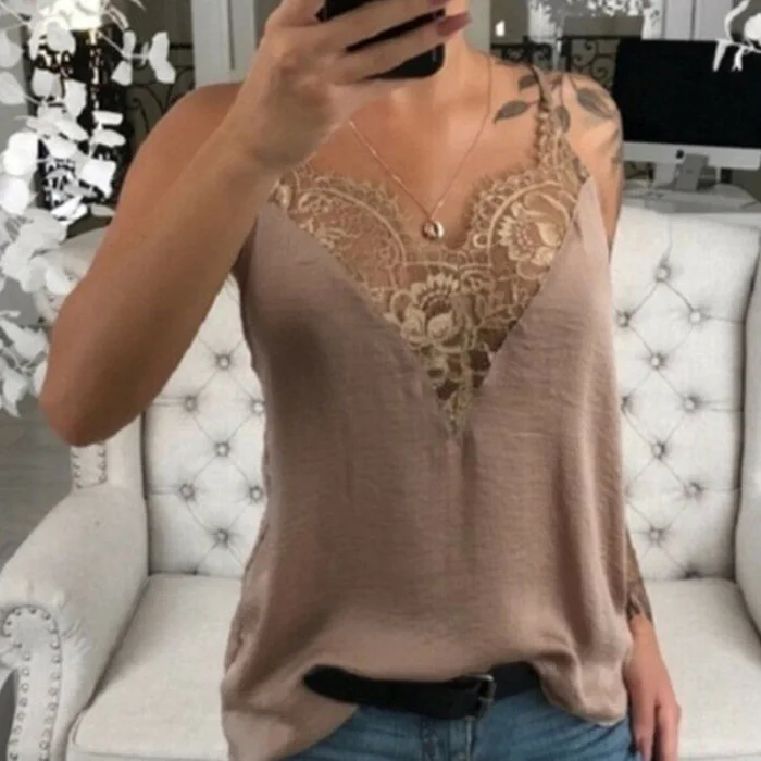 Women Lace Vest Strappy Sleeveless V Neck Loose Slim Fit Tank Tops for Summer KNG88