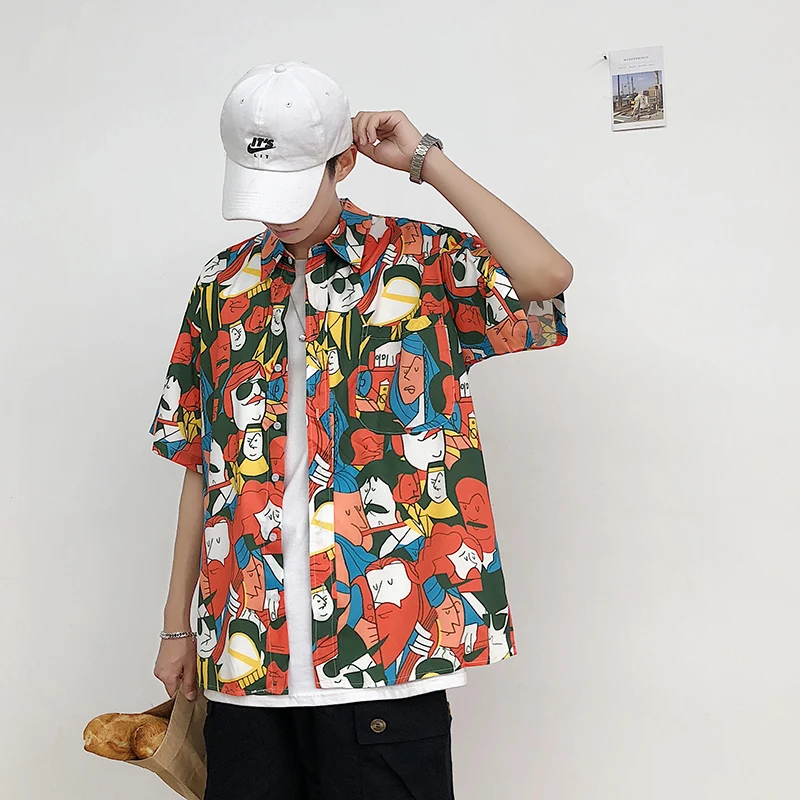 Мужская хлопковая рубашка с коротким рукавом принтом головы