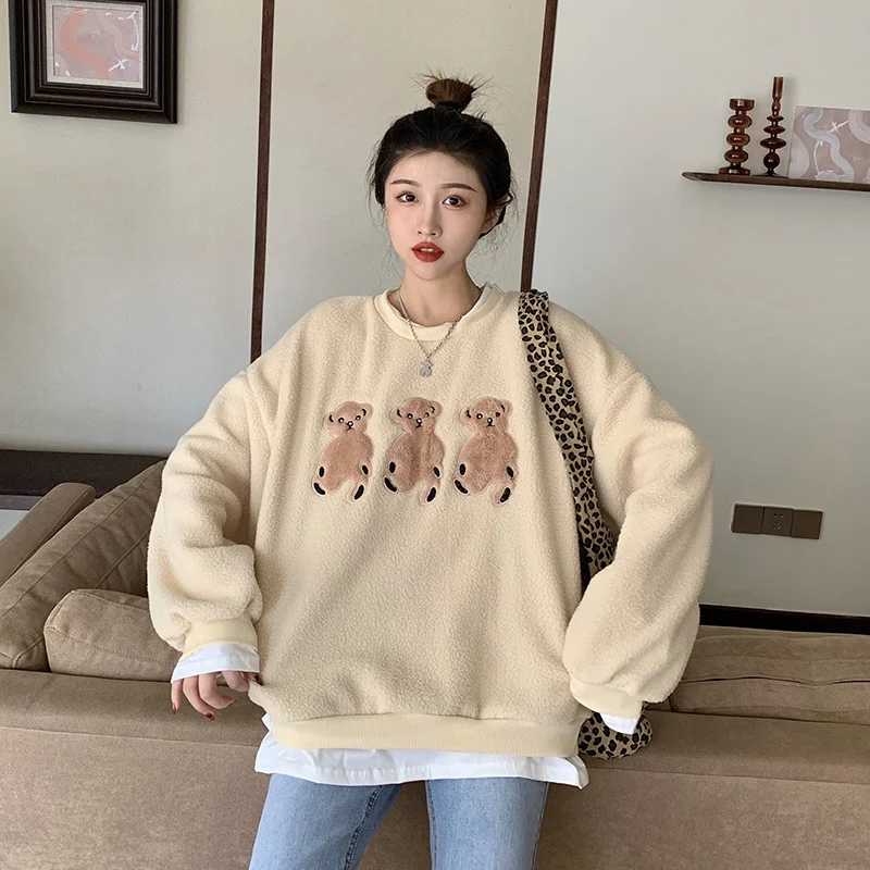 Модная утолщенная овечья шерсть с вышивкой медведя | Женская одежда