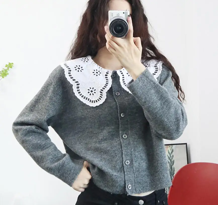 

Women's Peter pan Collar Sweater Embroidery Hollow out Long Sleeve Single Breasted Sweet 2021 Spring Female Knit Cardigan