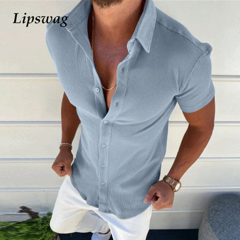 

New Casual Men's Solid Ribbed Shirts 2021 Summer Fashion Turn-down Collar Tops Short Sleeve Single Breasted Shirt Men Streetwear