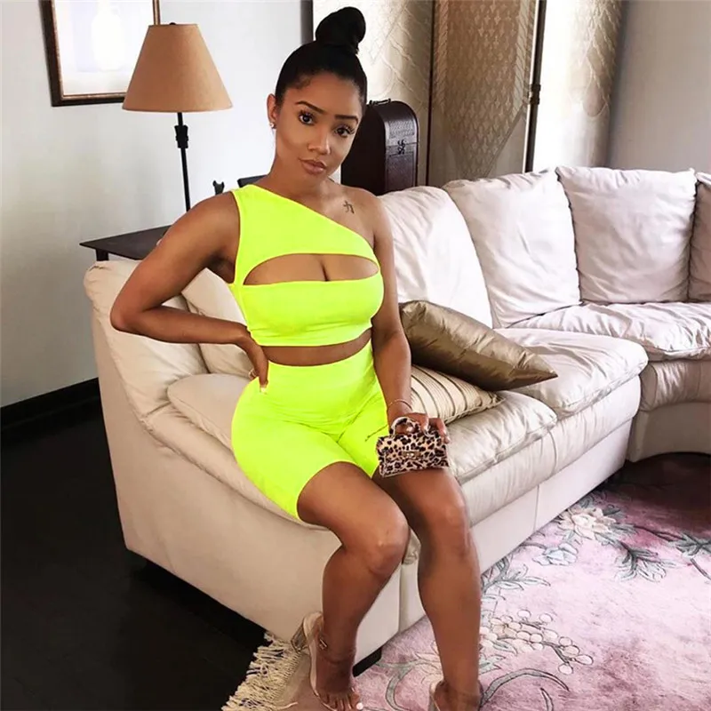 

Neon Color Women Two Piece Set One Shoulder Casual Tracksuits Cut Out Crop Top And Biker Shorts Sets Sporty Active Wear