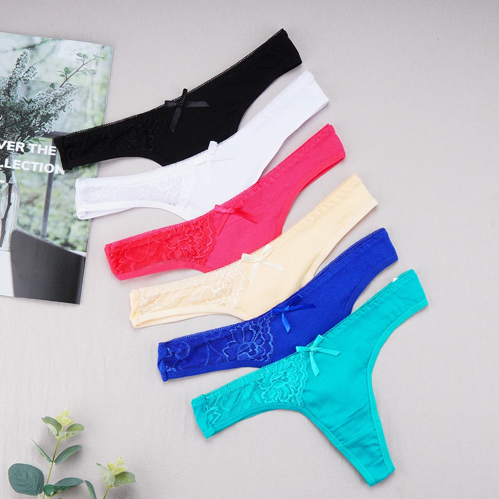 

6Pcs/lot Woman's Thong Sexy Cotton Underwear Lace Stitching Femme Panties 6 Colors M-XL Intimates