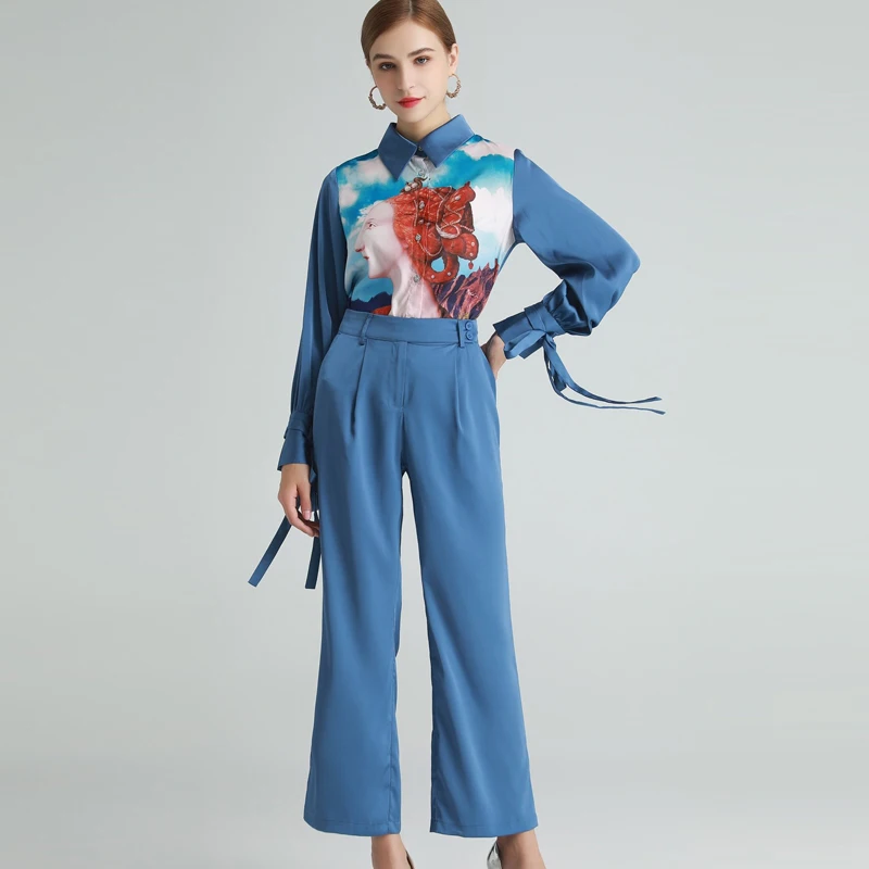 

2021 SPRING SPREAD COLLAR PRINT LONG SLEEVE TOP & FLARED PANTS SET
