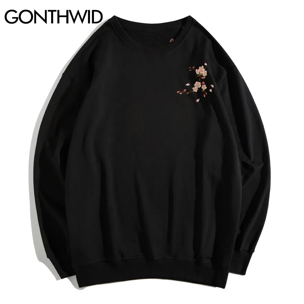 Толстовки GONTHWID в стиле Харадзюку с вышивкой пуловер японским цветком вишни