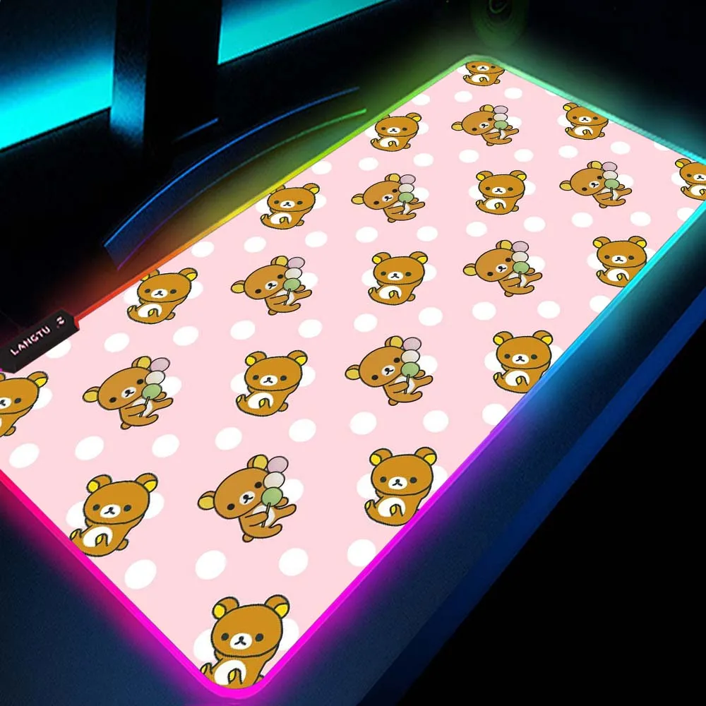 

Rilakkuma Kawaii Mouse Pad Cute Carpet Anime Gaming Lights Pc Gamer Accessories Rgb Led Pad Mausepad Pink Japanese with Cable